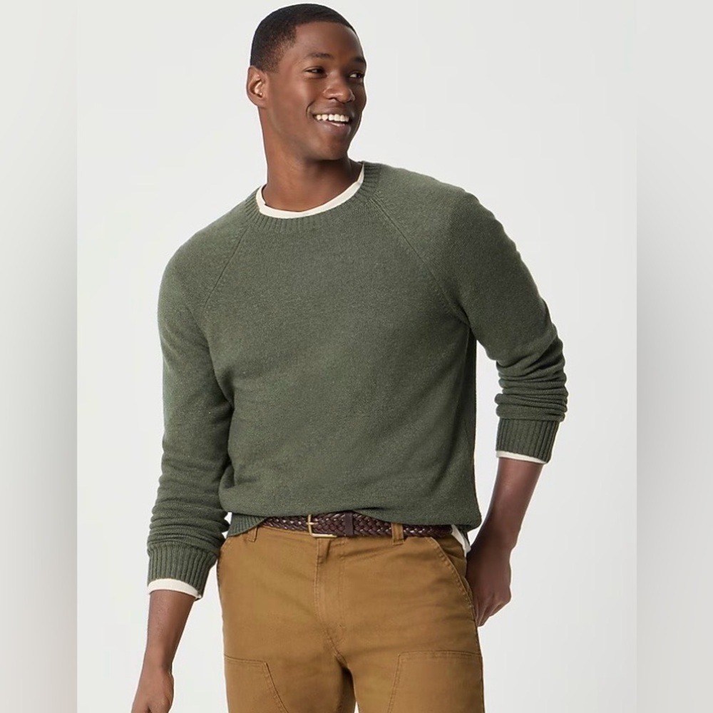 J.Crew Men's Crewneck sweater in supersoft lambswool blend‎ Green Hthr Fatigue L